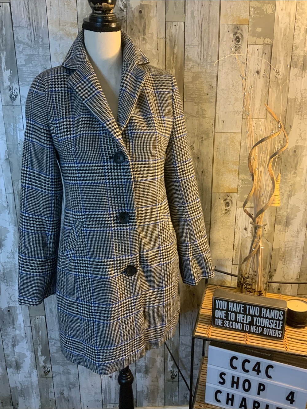 Maralyn & Me Plaid Pea Coat in Black, Gray, Blue